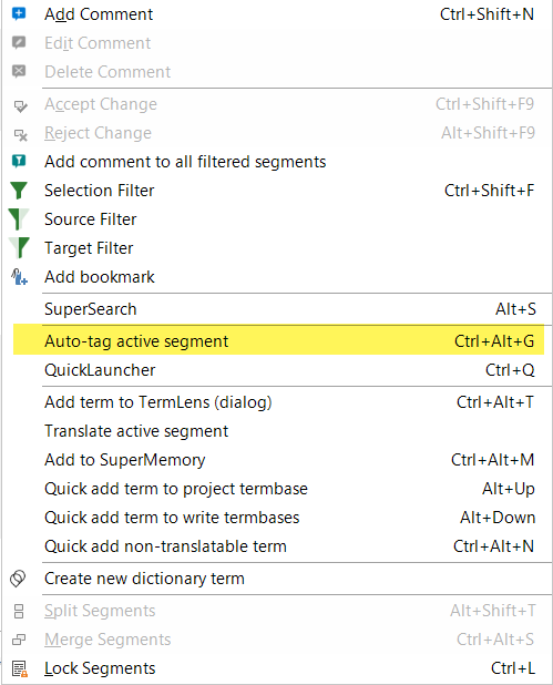 The Trados Studio editor context menu with Auto-tag active segment highlighted and its Ctrl+Alt+G shortcut shown
