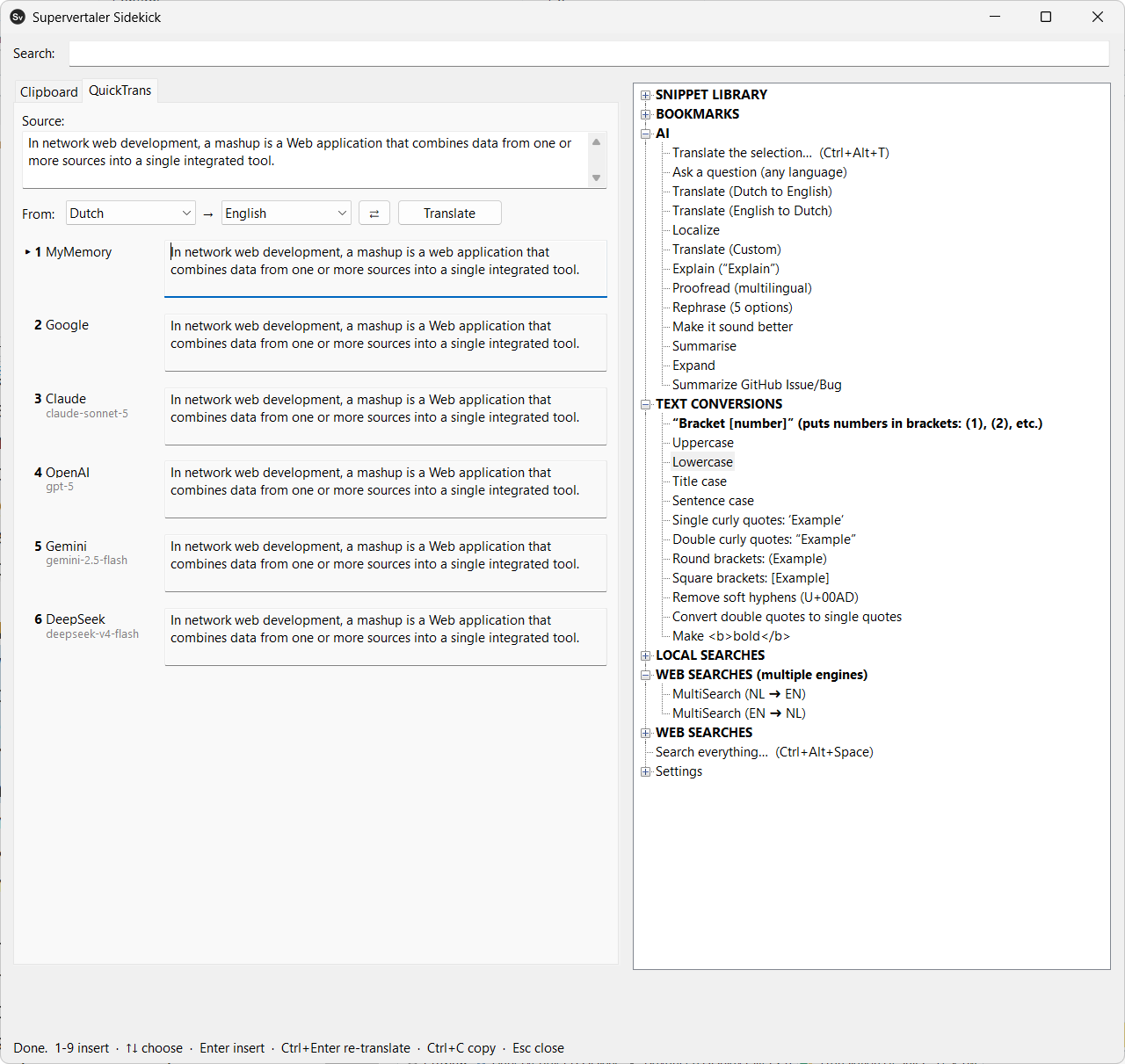 The QuickTrans tab: the source text, From and To, and six translations stacked beneath
