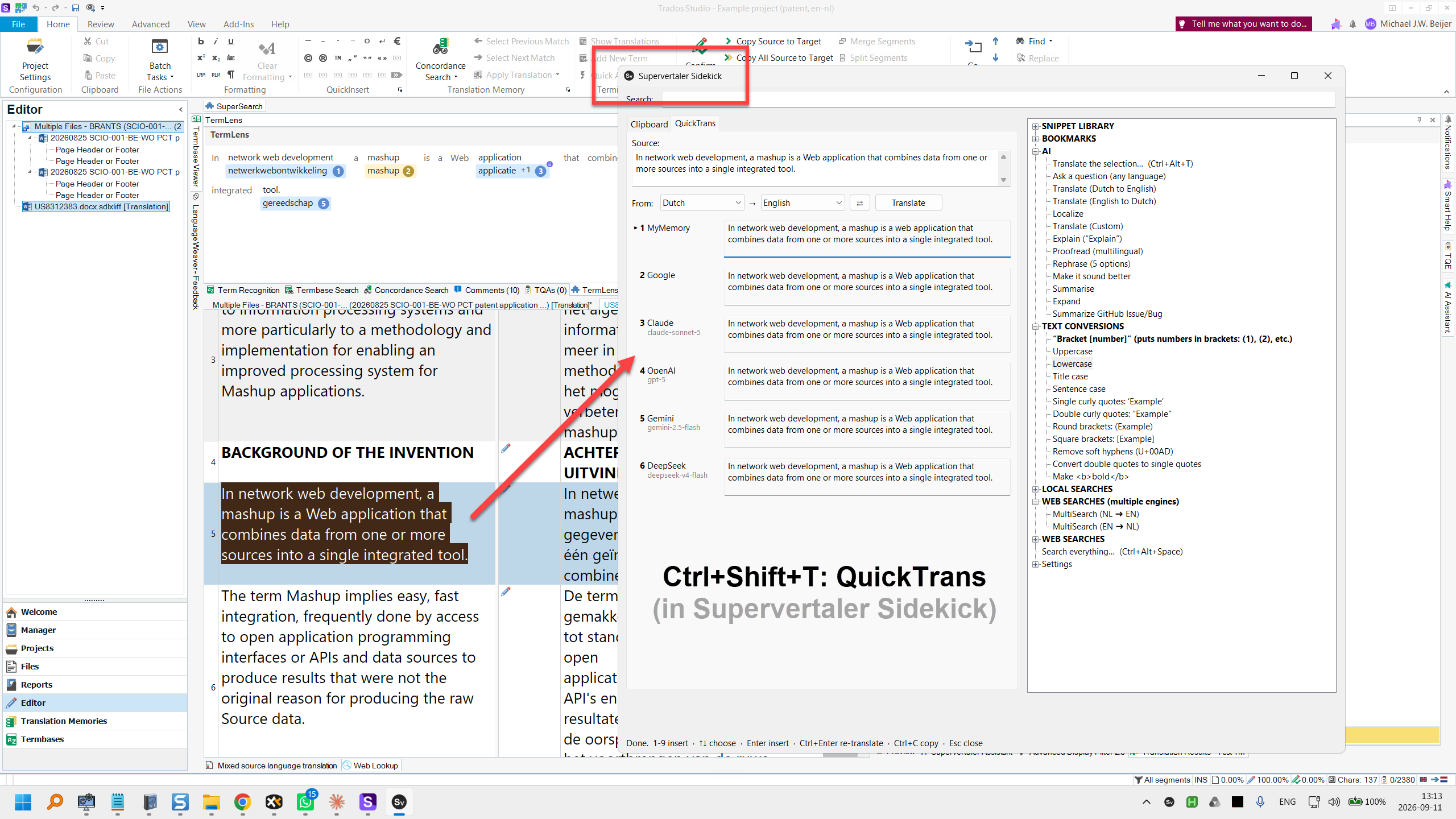 Sidekick's QuickTrans tab over a technical text in Trados Studio: six engines answering at once, the menu tree beside them