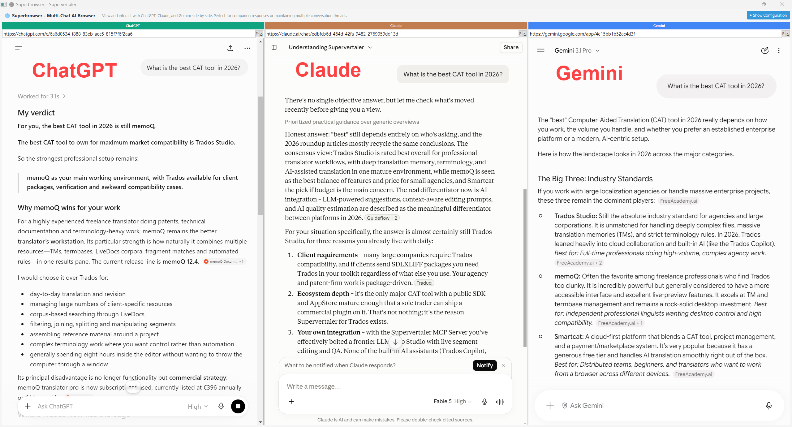 The Superbrowser window with ChatGPT, Claude, and Gemini side by side in three labelled columns, each giving its own answer to the question: what is the best CAT tool in 2026?