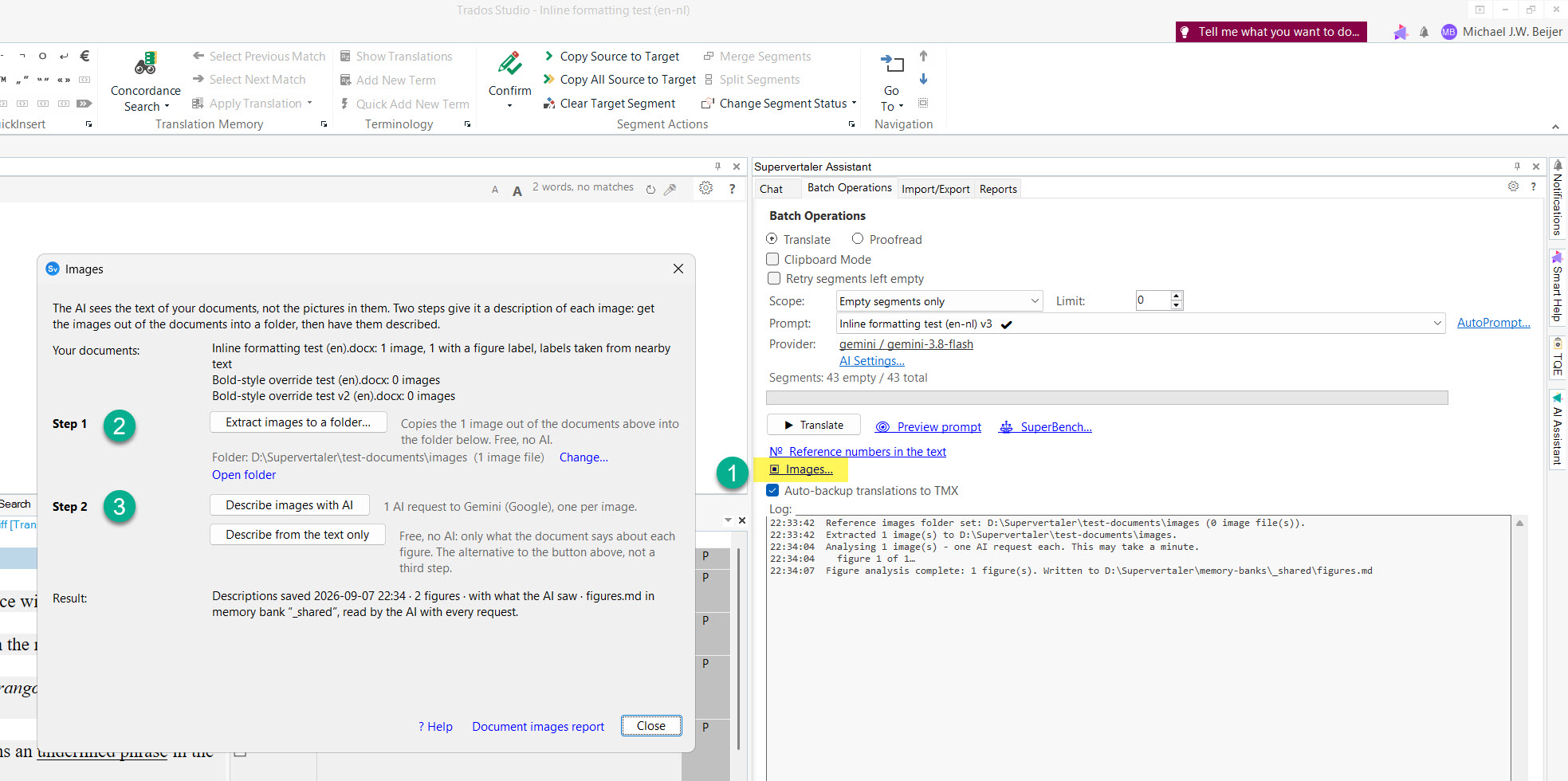The Batch Operations tab with the FigureLens link marked 1, and the FigureLens panel open beside it with Step 1 marked 2 and Step 2 marked 3