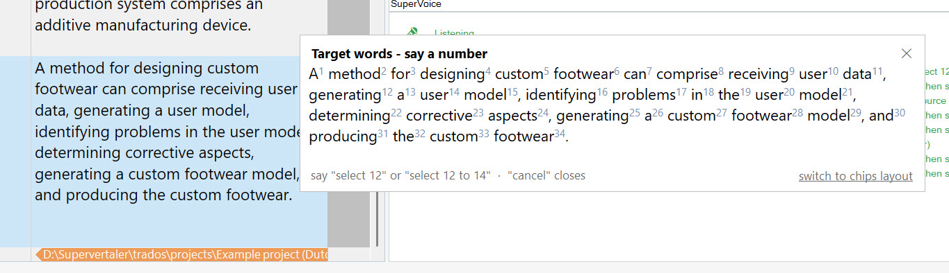 The number popup over the editor: the target segment as a sentence, each word followed by a small number