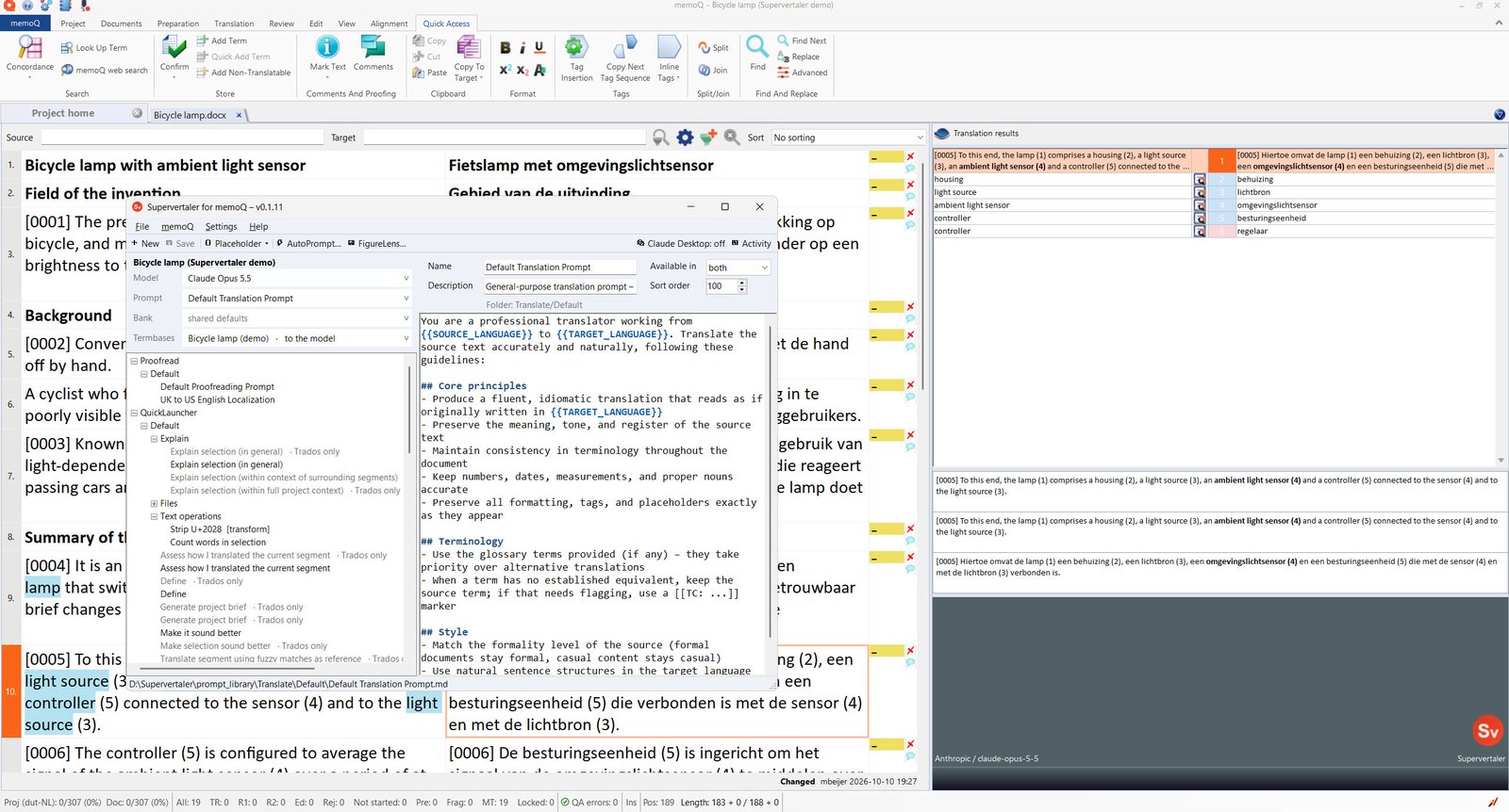 memoQ with the Supervertaler editor open beside the translation grid. Termbase terms are highlighted in the source, and Translation results shows the AI's suggestion followed by the term hits.
