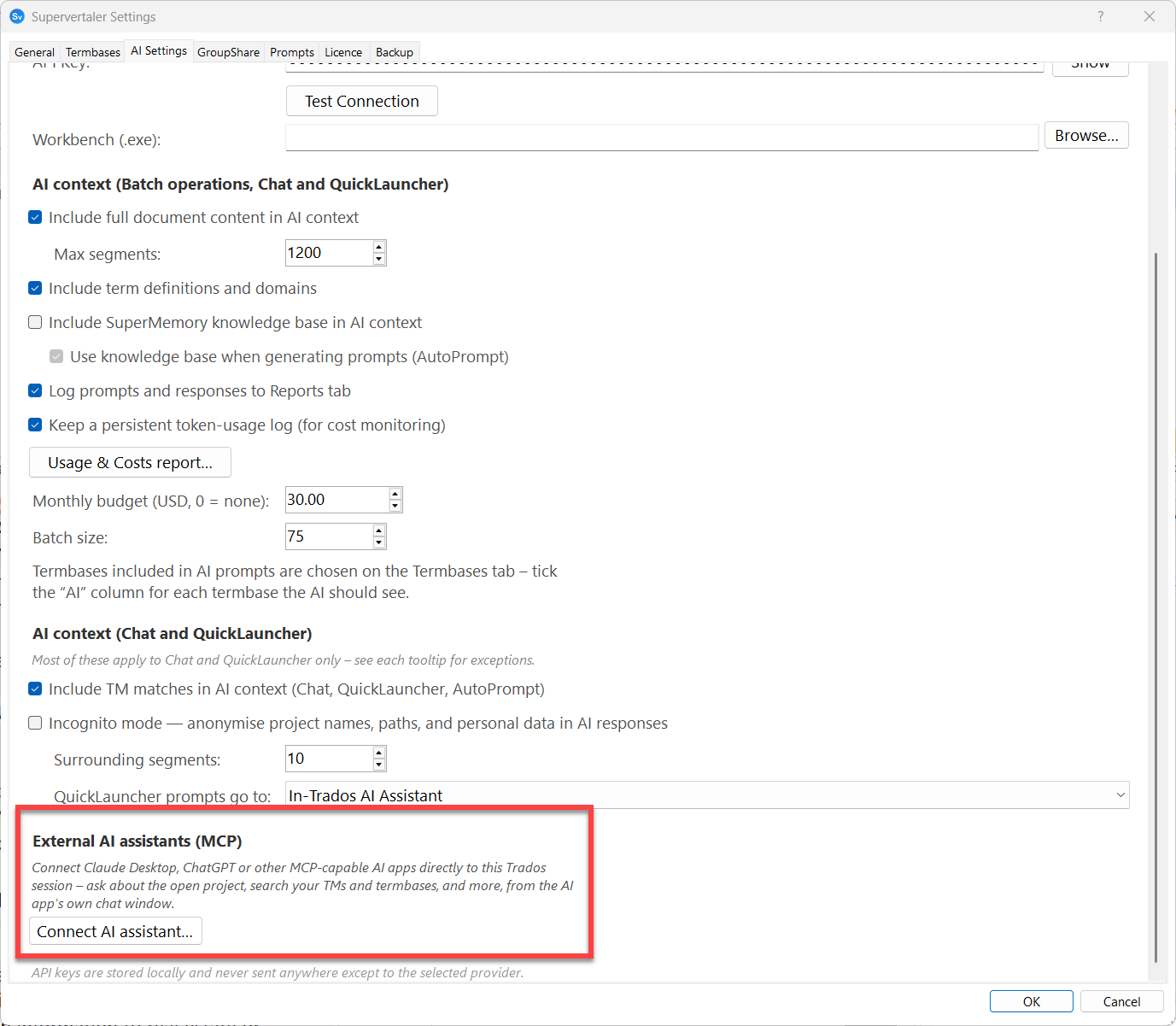 The Supervertaler Settings dialog, AI Settings tab, with the External AI assistants (MCP) section and its Connect AI assistant button highlighted at the bottom